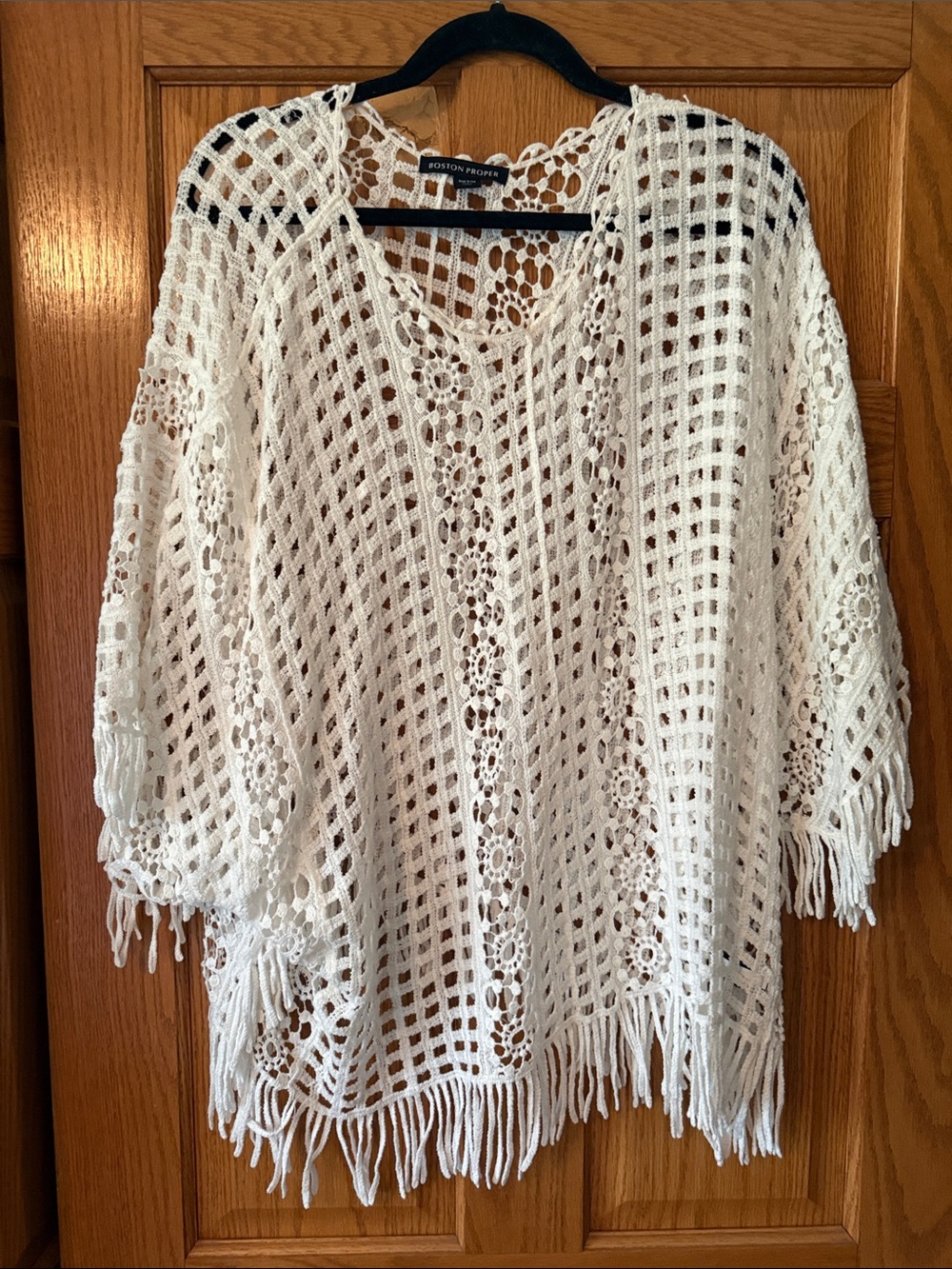 Boston Proper Cream Crochet Fringe Open-Weave Poncho